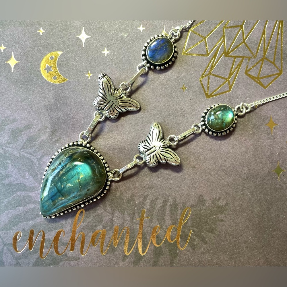 😵 Blue green Flash Labradorite Butterfly Necklace Lariat Y 925 Sterling Silver